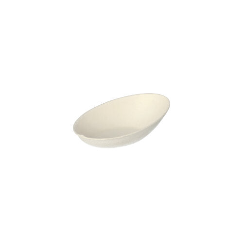 The PAPSTAR 50 finger food bowls made from white sugarcane ("pure", PAPSTAR GmbH) are oval, eco-friendly, and sustainable. They appear empty on a white background and are presented from a slight angle.