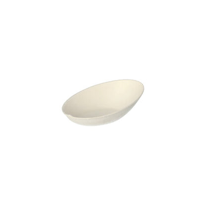 The PAPSTAR 50 finger food bowls made from white sugarcane ("pure", PAPSTAR GmbH) are oval, eco-friendly, and sustainable. They appear empty on a white background and are presented from a slight angle.