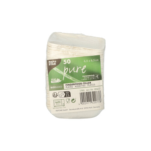 A packaged pack of 50 PAPSTAR "pure" finger food plates made of sugarcane (6.5 x 6.5 cm), biodegradable, white. The green-white labels of PAPSTAR GmbH show product details and eco-friendly symbols.