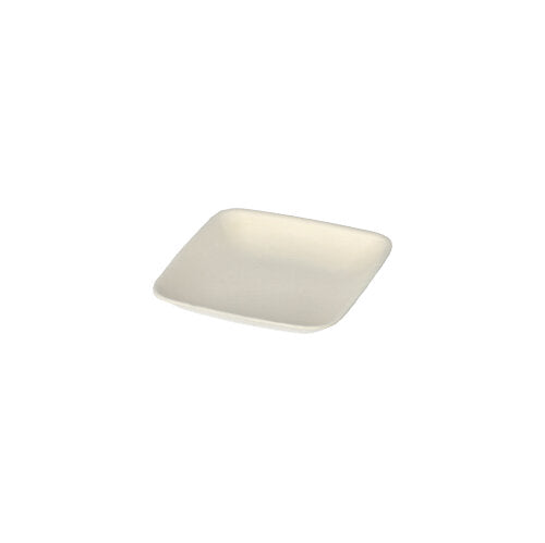 The "PAPSTAR 50 finger food plate, sugarcane "pure" white" from PAPSTAR GmbH is a simple, cream-colored, square plate with a slightly raised edge made of biodegradable sugarcane, depicted against a white background.