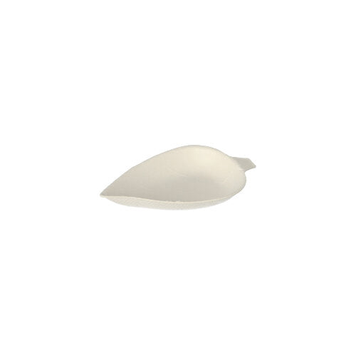 Presented on a plain, white background is a compact, white PAPSTAR 12 finger food plate from PAPSTAR GmbH, in leaf shape with a pointed tip and raised edge, made from biodegradable sugarcane "pure".