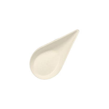 A small, white, drop-shaped PAPSTAR 12 finger food plate made from biodegradable sugarcane "pure" from PAPSTAR GmbH, with a flat hollow, photographed from above on a white background.