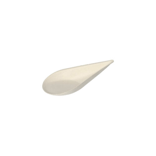 A small, white, drop-shaped PAPSTAR 12 finger food plate made of sugarcane "pure" from PAPSTAR GmbH is depicted from above on a plain white background. The biodegradable dish has a flat scoop and a pointed end.