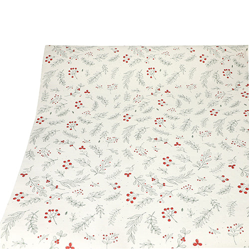 The PAPSTAR tablecloth (paper, 3 m x 1.2 m) from PAPSTAR GmbH impresses with a cream-colored background with red berries and green leaves – ideal for a stylish table decoration. Laid flat and photographed from above.