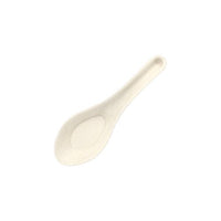 The PAPSTAR "Pure" Sugarcane Finger Food Spoons, 14.5 cm, Asian Design (50 pieces) by PAPSTAR GmbH is a biodegradable, cream-colored spoon with an oval bowl and a curved handle—perfect for serving finger food.