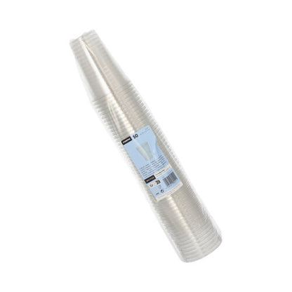 Ein Stapel Starpak 50 Trinkbecher R-PET glasklar in Klarsichtfolie mit blau-weißem Etikett – umweltfreundlich, transparent und perfekt für jede Gelegenheit.