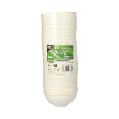 A stack of PAPSTAR 50 finger food bowls made from sugarcane "pure" white from PAPSTAR GmbH is shown in plastic packaging with a green eco-label, identifying them as a sustainable alternative.