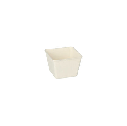 A small, square finger food bowl made from eco-friendly sugarcane from PAPSTAR GmbH ("PAPSTAR 50 finger food bowls, sugarcane pure white"), presented against a simple white background.