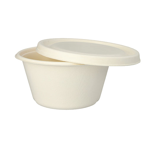 The PAPSTAR 25 bowls, sugarcane "pure" Ø 17 cm from PAPSTAR GmbH is a round, white disposable bowl with a lid, made from biodegradable sugarcane – perfect for environmentally friendly disposable needs.