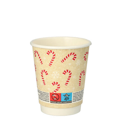 The PAPSTAR drinking cup "Candy Canes" (0.2 l, Ø 8 cm, double-walled) from PAPSTAR GmbH consists of beige cups with red and white candy canes, white snowflakes, and a label with warning symbols on a white background. Pack of 25 pieces.