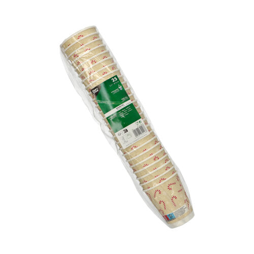 25 PAPSTAR drinking cups "Candy Canes" (0.2 l, Ø 8 cm), cream-colored, double-walled cups with red candy cane design from PAPSTAR GmbH in a plastic packaging; the product information is visible on the green label.