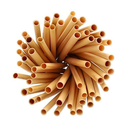 A bundle of PAPSTAR cocktail straws reed "pure" (15 cm, Ø 7 mm, 100 pieces) from PAPSTAR GmbH is arranged circularly against a white background and viewed from above.