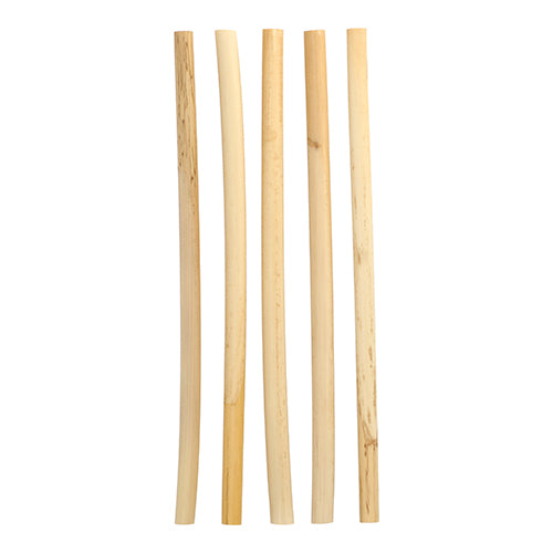 Fünf PAPSTAR Trinkhalme Schilf "pure" (Ø 10 mm, 25 cm) aus der umweltfreundlichen Faltschachtel (50 Stück) von PAPSTAR GmbH sind in unterschiedlichen Farbtönen vertikal auf weißem Hintergrund angeordnet.