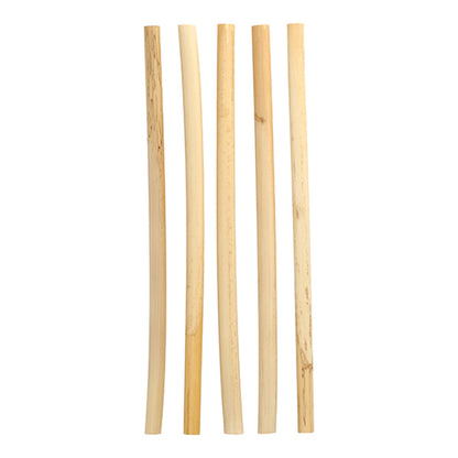 Fünf PAPSTAR Trinkhalme Schilf "pure" (Ø 10 mm, 25 cm) aus der umweltfreundlichen Faltschachtel (50 Stück) von PAPSTAR GmbH sind in unterschiedlichen Farbtönen vertikal auf weißem Hintergrund angeordnet.