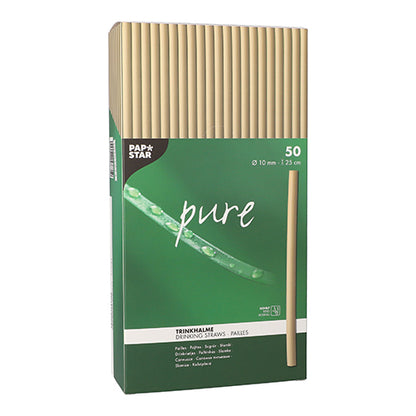 Eine grüne Box der PAPSTAR GmbH enthält 50 "pure" umweltfreundliche Schilf-Trinkhalme (Ø10mm, 25cm) in beige. Die Vorderseite zeigt Produktinformationen in verschiedenen Sprachen und ein Strohbild.