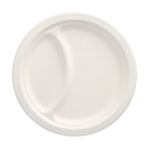 Der PAPSTAR 50 Teller Zuckerrohr „pure“ weiss von PAPSTAR GmbH ist ein nachhaltiger, weißer Einwegteller mit zwei separaten Fächern und besteht aus Zuckerrohr; von oben auf einfachem Hintergrund abgebildet.