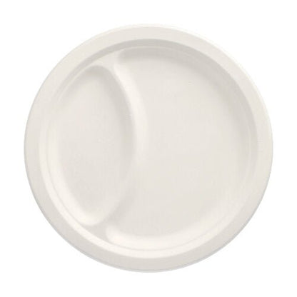 Der PAPSTAR 50 Teller Zuckerrohr „pure“ weiss von PAPSTAR GmbH ist ein nachhaltiger, weißer Einwegteller mit zwei separaten Fächern und besteht aus Zuckerrohr; von oben auf einfachem Hintergrund abgebildet.