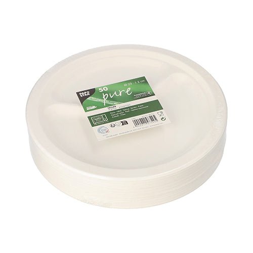 Ein Stapel runder, weißer Einwegteller „pure“ der PAPSTAR GmbH 50 Teller Zuckerrohr mit drei Fächern, in Folie eingewickelt mit grün-weißem „50 Pure“-Etikett und Umweltsymbolen.