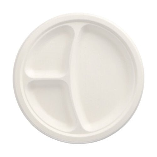 Der runde, weiße PAPSTAR 50 Teller aus Zuckerrohr „pure“ von PAPSTAR GmbH hat drei unterschiedlich große Fächer – nachhaltig und praktisch für jede Gelegenheit, von oben vor neutralem Hintergrund betrachtet.