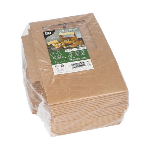Ein Stapel PAPSTAR 25 Cupcake-Kartons eckig 10 cm mit Sichtfenster aus PLA, von PAPSTAR GmbH, biologisch abbaubar und in Folie verpackt, mit Etikett am Fenster samt Produktinfos und Anwendungsbild.