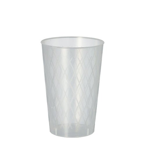 Die Starpak 40 Mehrweg-Gläser für Apfelwein (0,25 l, Ø 7 cm, 10,5 cm) sind unzerbrechliche Kunststoffbecher mit dezentem Rautenmuster – perfekt für Apfelwein und als nachhaltige Option in Schrumpffolie (40 Stück).