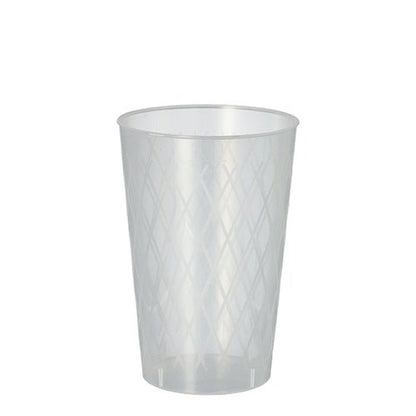 Die Starpak 40 Mehrweg-Gläser für Apfelwein (0,25 l, Ø 7 cm, 10,5 cm) sind unzerbrechliche Kunststoffbecher mit dezentem Rautenmuster – perfekt für Apfelwein und als nachhaltige Option in Schrumpffolie (40 Stück).