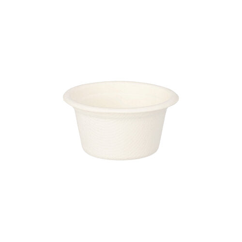 The PAPSTAR dressing bowls sugarcane "pure" Ø 6 cm, white (set of 12) by PAPSTAR GmbH are environmentally friendly, biodegradable and seen as white cardboard bowls isolated on a white background.