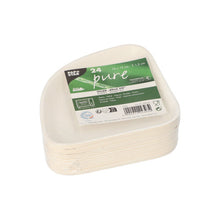 A pack of 24 white PAPSTAR sugarcane plates "Belle Vie", 13x13 cm, in shrink wrap. The label displays product information and a green design - perfect for eco-conscious occasions. Made by PAPSTAR GmbH from sustainable materials.