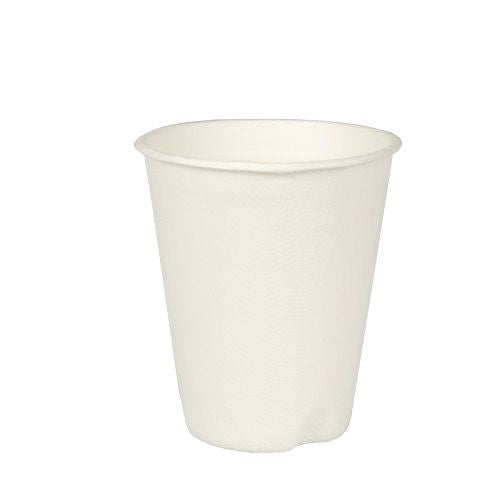 The PAPSTAR sugarcane drinking cup "pure", white, 8 cm by PAPSTAR GmbH is shown against a white background. The sustainable cup is ideal for hot drinks and comes in a 12-pack wrapped in shrink film.