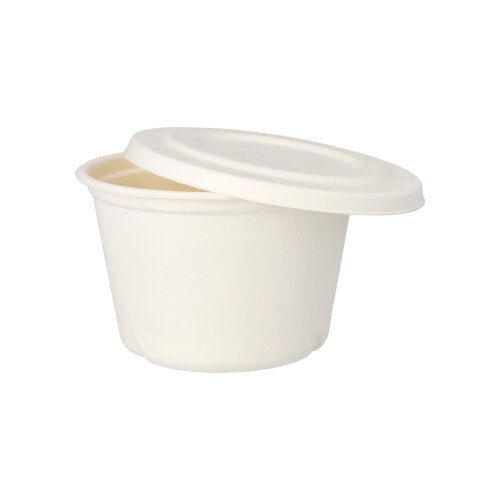 Pictured is a partially opened PAPSTAR 50 soup cups made of sugarcane "pure" white from PAPSTAR GmbH against a white background - ideal for environmentally friendly, sustainable out-of-home needs.