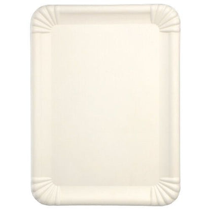 The PAPSTAR serving platters sugarcane "pure" rectangular 26x35 cm, white (25 pieces) by PAPSTAR GmbH are simple, rectangular, cream-colored disposable plates with rounded edges and ribbed corners - ideal as environmentally friendly disposable serving platters.