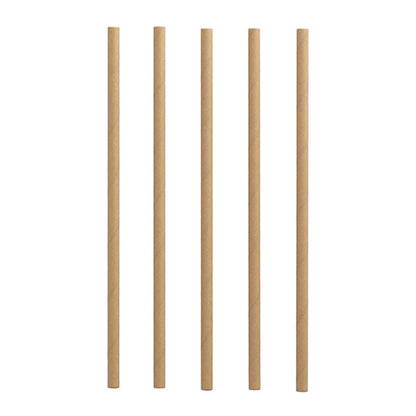 Five straight, light brown PAPSTAR 100 shake straws made of paper (Ø 8 mm) from PAPSTAR GmbH are arranged vertically and sustainably on a white background.