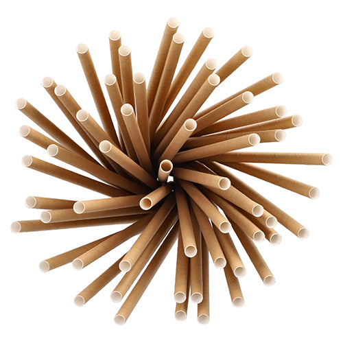 A collection of PAPSTAR 100 shake straws, paper Ø 8 mm from PAPSTAR GmbH in a circular, radial arrangement and viewed from above, with the open ends facing the viewer.