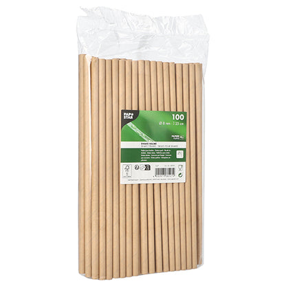 A transparent plastic packaging contains 100 PAPSTAR GmbH shake straws made of brown paper (Ø 8 mm) with a green-white label indicating the brand, quantity, and size.