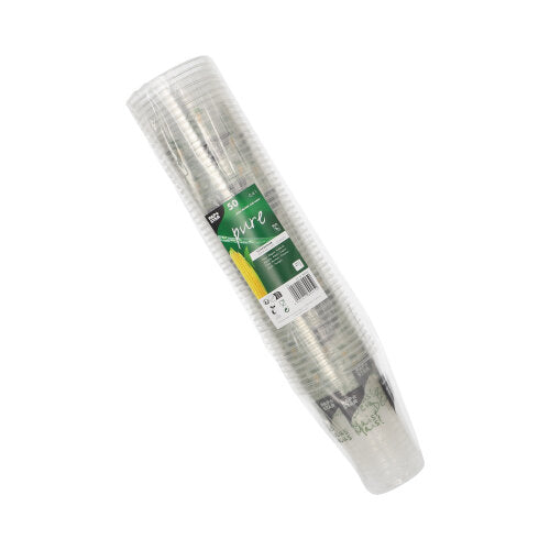 Ein Stapel durchsichtiger PAPSTAR 50 Trinkbecher PLA „Becher aus Mais“ der PAPSTAR GmbH, in Plastik eingewickelt mit einem grünen Etikett mit der Aufschrift „50 Becher“, einem Maisbild und einem Text, der diese umweltfreundlichen Becher hervorhebt.