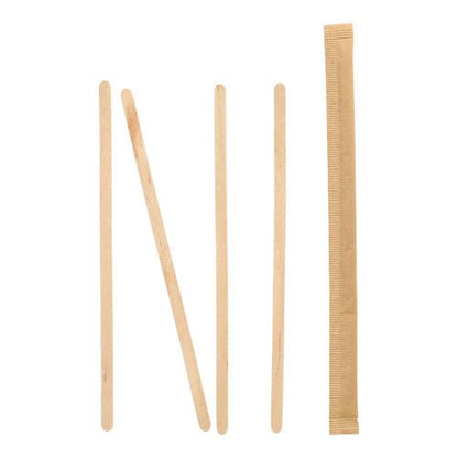 Four PAPSTAR "Pure" wooden stir sticks, 17.8 cm long, are standing upright; one is leaning at an angle, and next to it lies a single stir stick wrapped individually in foil—all from PAPSTAR GmbH on a white background.