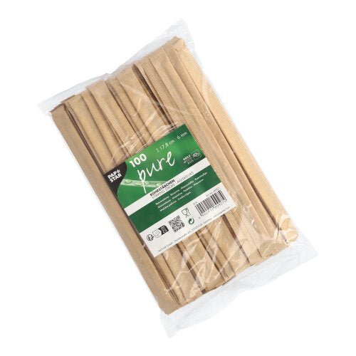 A clear plastic bag contains 100 PAPSTAR Wooden Stir Sticks "pure," 17.8 cm, individually wrapped in foil, each with a green-and-white PAPSTAR "GmbH" label on the front.