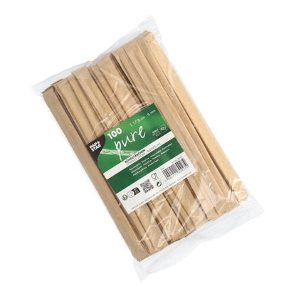 A clear plastic bag contains 100 PAPSTAR Wooden Stir Sticks "pure," 17.8 cm, individually wrapped in foil, each with a green-and-white PAPSTAR "GmbH" label on the front.