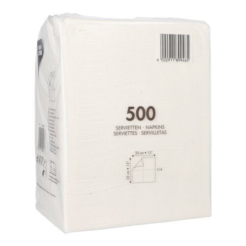 An upright standing plastic-wrapped 500-pack of PAPSTAR napkins 1-ply, white, 33x33 cm, 1/4-fold from PAPSTAR GmbH; on the packaging there is a barcode, multilingual information, and a simple napkin folding illustration.