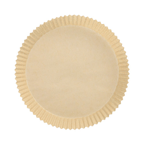 A round, beige PAPSTAR 100 baking papers for air fryers from PAPSTAR GmbH, made from heat-resistant paper with fluted edges and 4.5 cm height, viewed from above on a white background for even browning.