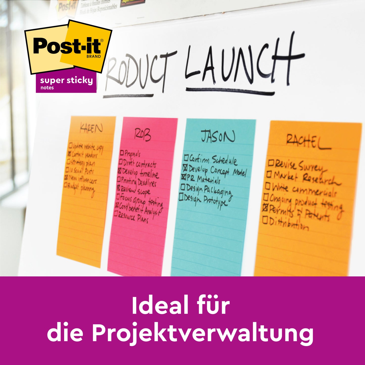 Auf einem Whiteboard unter dem Titel "Product Launch" haften vier bunte 3M Post-it® Notes im Großformat in Neonfarben - PEFC-zertifiziert, liniert, ideal für Aufgabenmanagement - und zeigen Teamaufgaben. Perfekt für Projekte.
