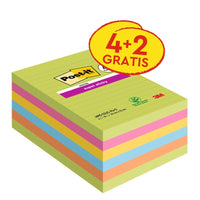 A pack of Post-it® Super Sticky Notes in large format, 101 x 152 mm, lined, in various colors. Contains 4 pads + 2 free (90 sheets per pad), high-adhesive sticky notes, by 3M Deutschland GmbH, 100% PEFC-certified.