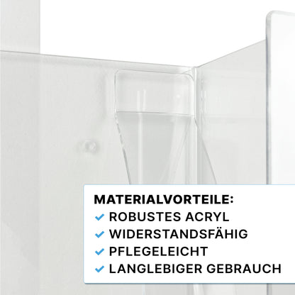 Nahaufnahme des ARNOMED Handschuhspenders zur 3-fach Befüllung von ARNOWA GmbH: ein transparenter, robuster Acrylhalter zur Aufbewahrung von Einweghandschuhen - widerstandsfähig, pflegeleicht und langlebig.