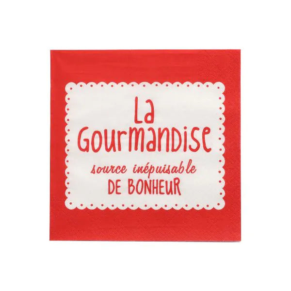 Die PAPSTAR 20 Servietten, 33x33 cm, 3-lagig, 1/4-Falz in rot von der PAPSTAR GmbH haben eine weiße Mitte, Wellenkanten und einen französischen Text: "La Gourmandise, source inépuisable de bonheur.
