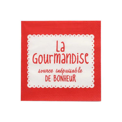 Die PAPSTAR 20 Servietten, 33x33 cm, 3-lagig, 1/4-Falz in rot von der PAPSTAR GmbH haben eine weiße Mitte, Wellenkanten und einen französischen Text: "La Gourmandise, source inépuisable de bonheur.
