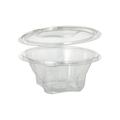 A Starpak 50 delicatessen and salad bowl with hinged lid, R-PET crystal clear round, is depicted open and empty against a white background.