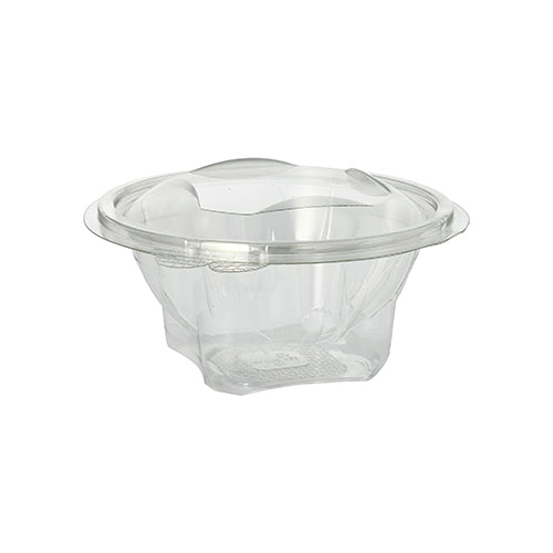 The Starpak 50 delicatessen and salad bowls with hinged lid are transparent, round R-PET food containers from Starpak, ideal for salads or desserts. The empty, transparent bowl appears against a plain white background.