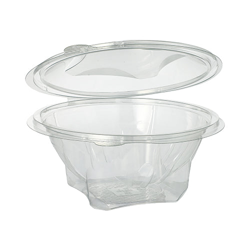 The Starpak 50 delicatessen and salad bowls with hinged lid are round, transparent R-PET containers, depicted open and empty, ideal for storing food or other items.