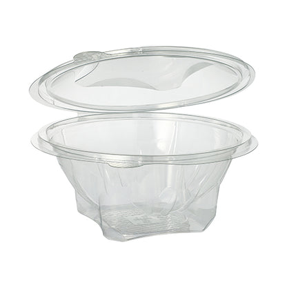 The Starpak 50 delicatessen and salad bowls with hinged lid are round, transparent R-PET containers, depicted open and empty, ideal for storing food or other items.