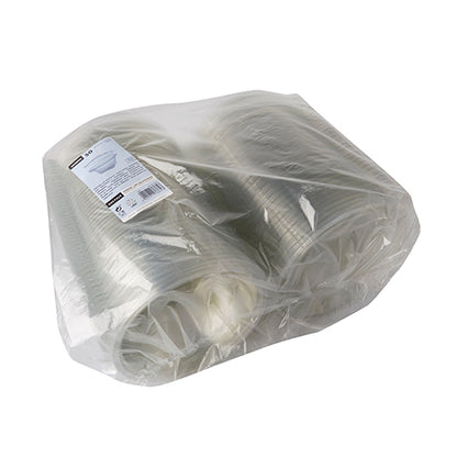 A package wrapped in clear plastic film containing 50 Starpak delicatessen and salad bowls with hinged lid, R-PET crystal clear round cups, stacked and sealed with a white label at the top left.